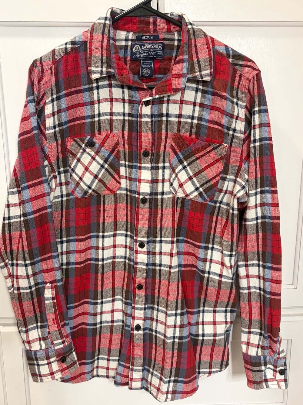 American Rag Men’s Medium Red Plaid Flannel Shirt 100% Cotton Grunge Workwear